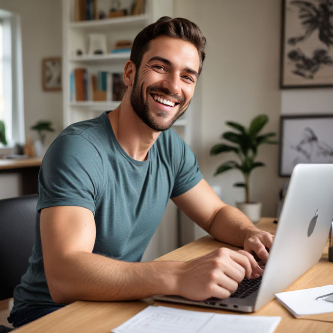 A man sits at his home desk with a laptop, smiling broadly as if he just won a game.