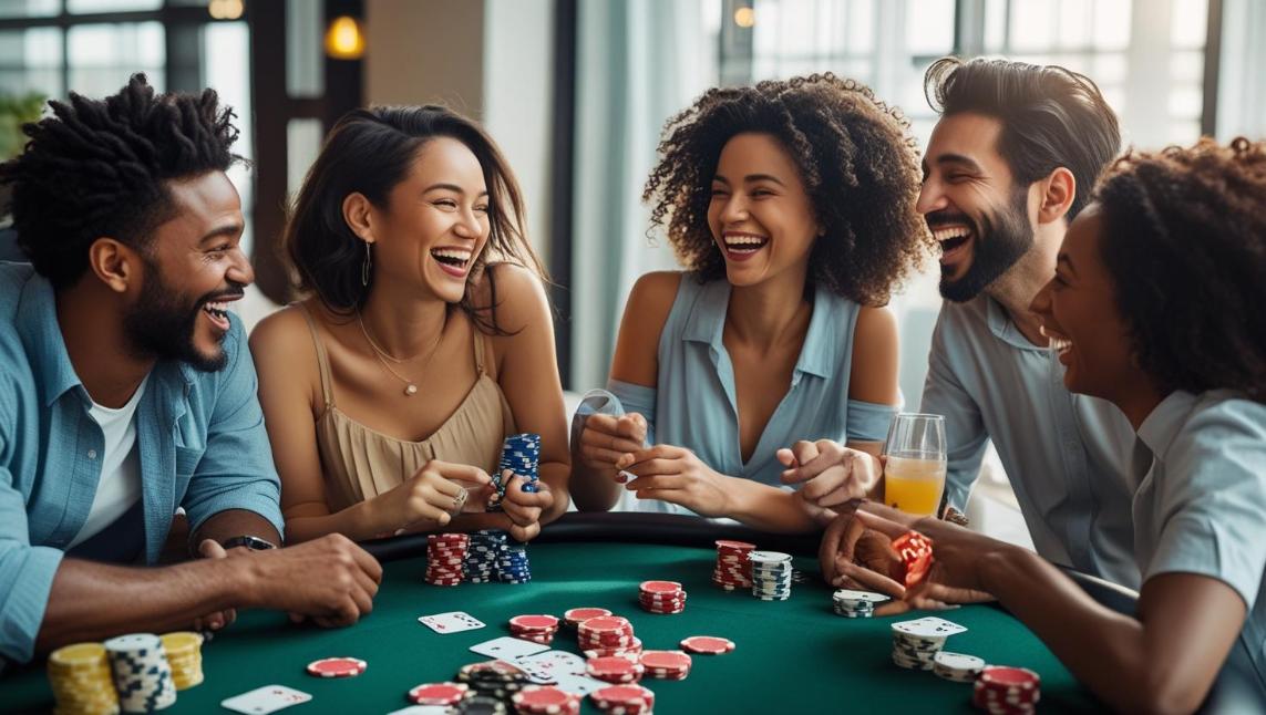 Group of friends happily playing cards and casino games in lively social setting.