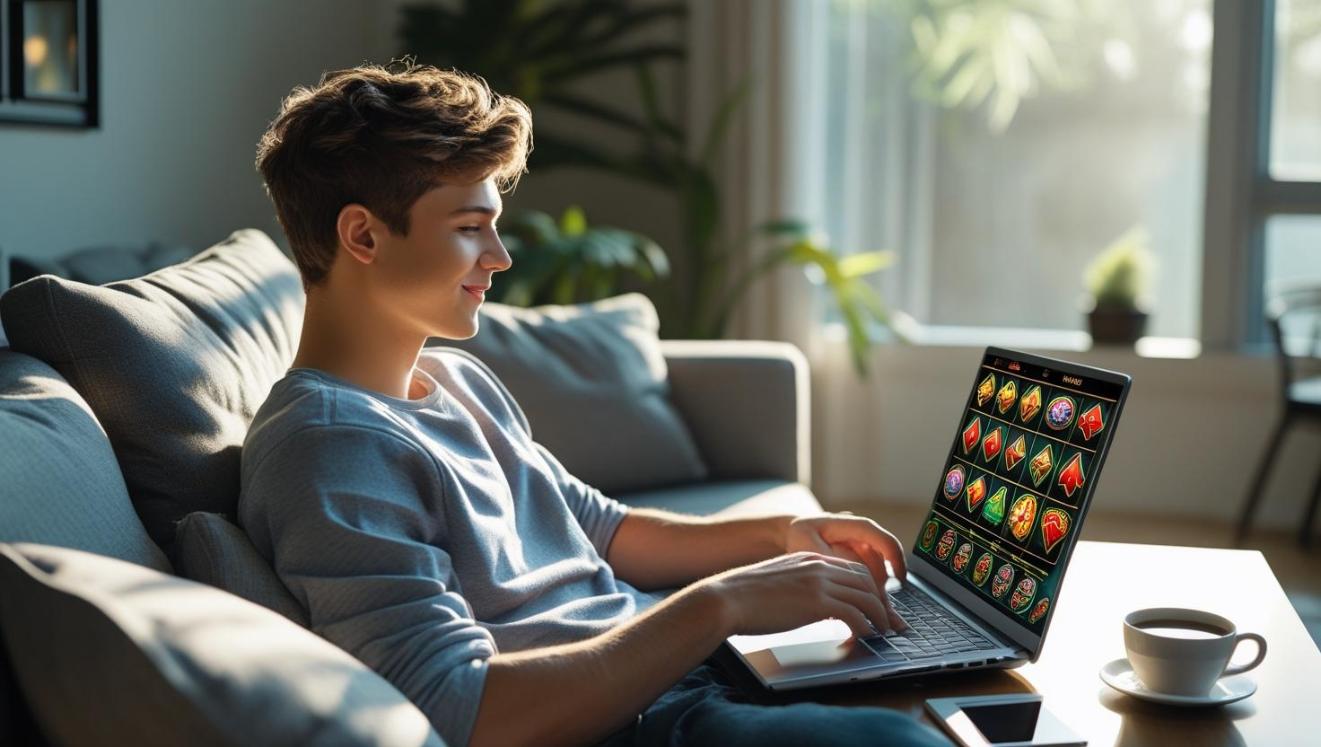 Young adult plays online casino game on laptop, coffee nearby, bright daylight.
