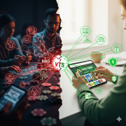A split image visually representing the evolving risks and safeguards in online gambling.
