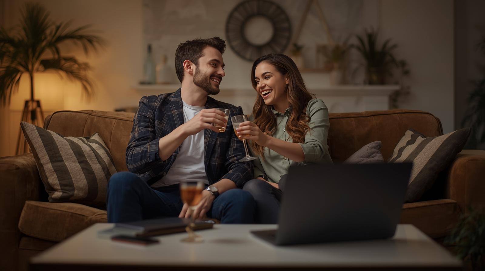 Happy young adults smiling and celebrating together in a warm modern living room.