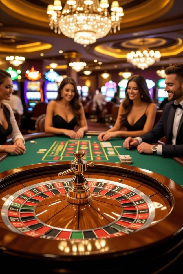 casino scene with a spinning roulette wheel