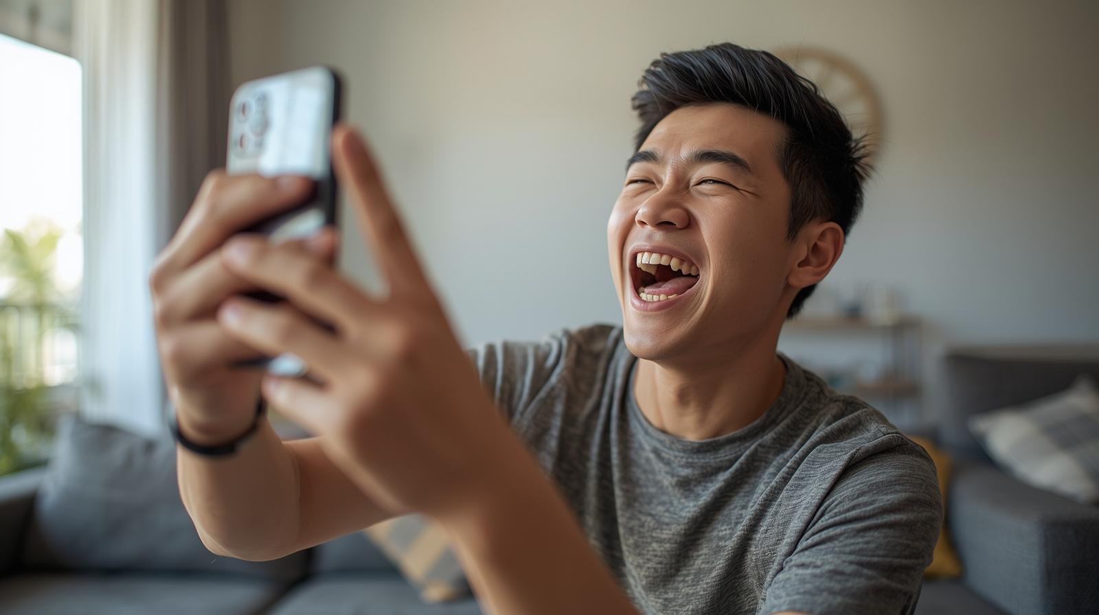 Happy Thai gamer cheering indoors while holding smartphone after online lottery win.