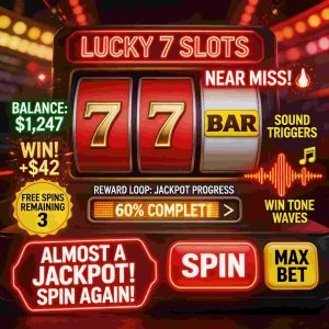 A detailed casino game interface showing reward loops, near-miss visuals, flashing lights, and sound wave graphics representing psychological triggers in gaming design