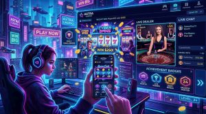 A vibrant digital scene showing a futuristic online casino interface blended with video game elements, including animated slot machines, live dealer tables, achievement badges, and a gamer using a mobile device.
