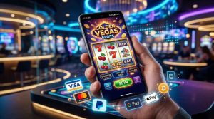 A modern smartphone displaying a high-quality casino game, surrounded by digital payment icons, smooth UI elements, and a sleek mobile gaming environment with vibrant visuals