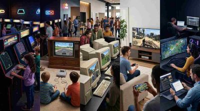 Visual timeline-inspired gaming scene showing classic arcade games transitioning into modern computers, smartphones, and online gaming technology